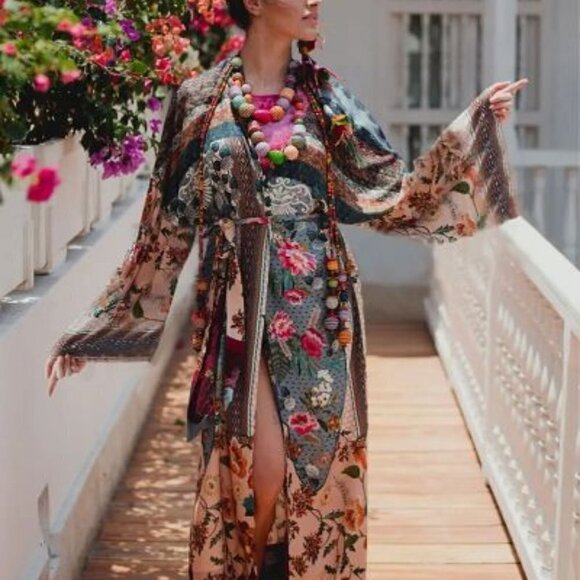 Ethnic Tribal Pattern Boho Belted Kimono, Long Wide Sleeve Loose Baggy Cover Up - Picture 1 of 5